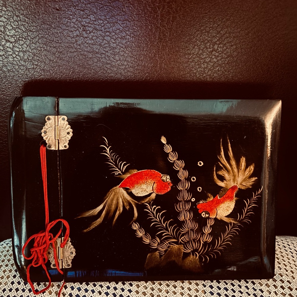 Vintage Black Lacquered Photo Album Koi Fish Motif  Handpainted 1960s